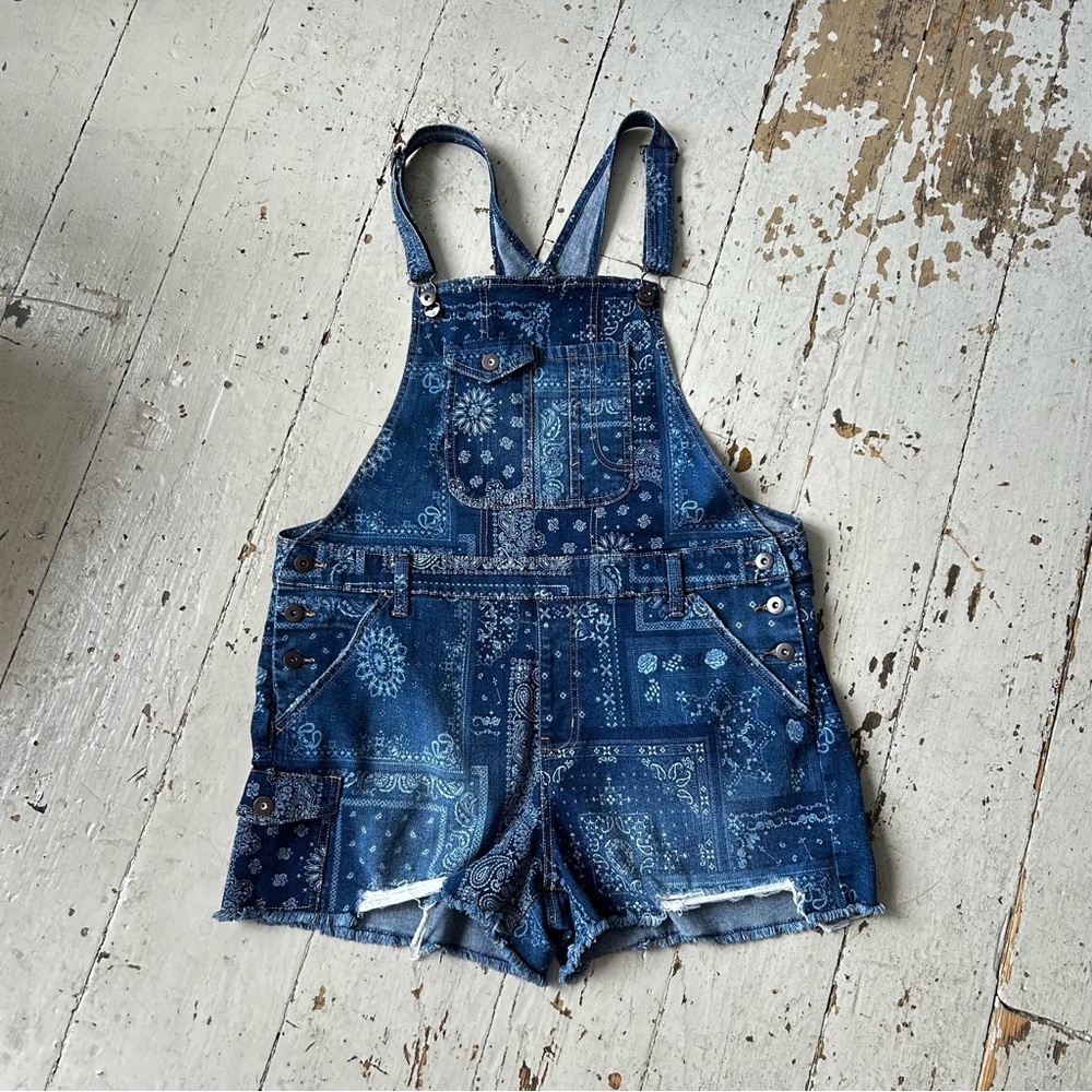 No Boundaries Bandana Print Denim Shortalls Jean Shorts